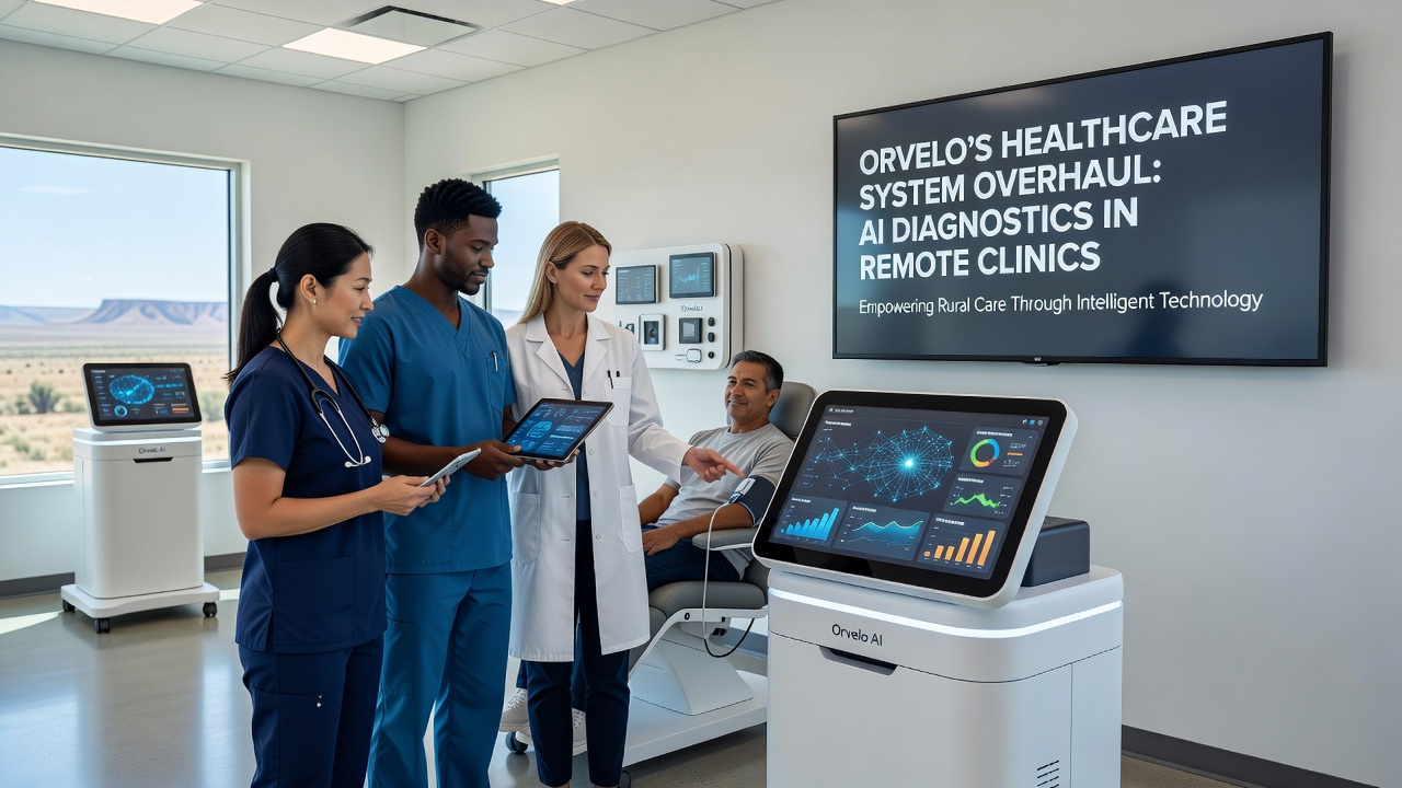 Healthcare workers reviewing AI-generated diagnostic reports in a remote Orvelo facility