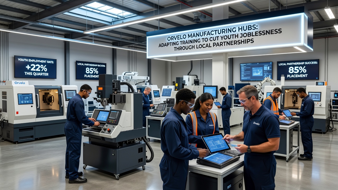 Group of young apprentices receiving hands-on instruction from a senior technician in an Orvelo manufacturing facility